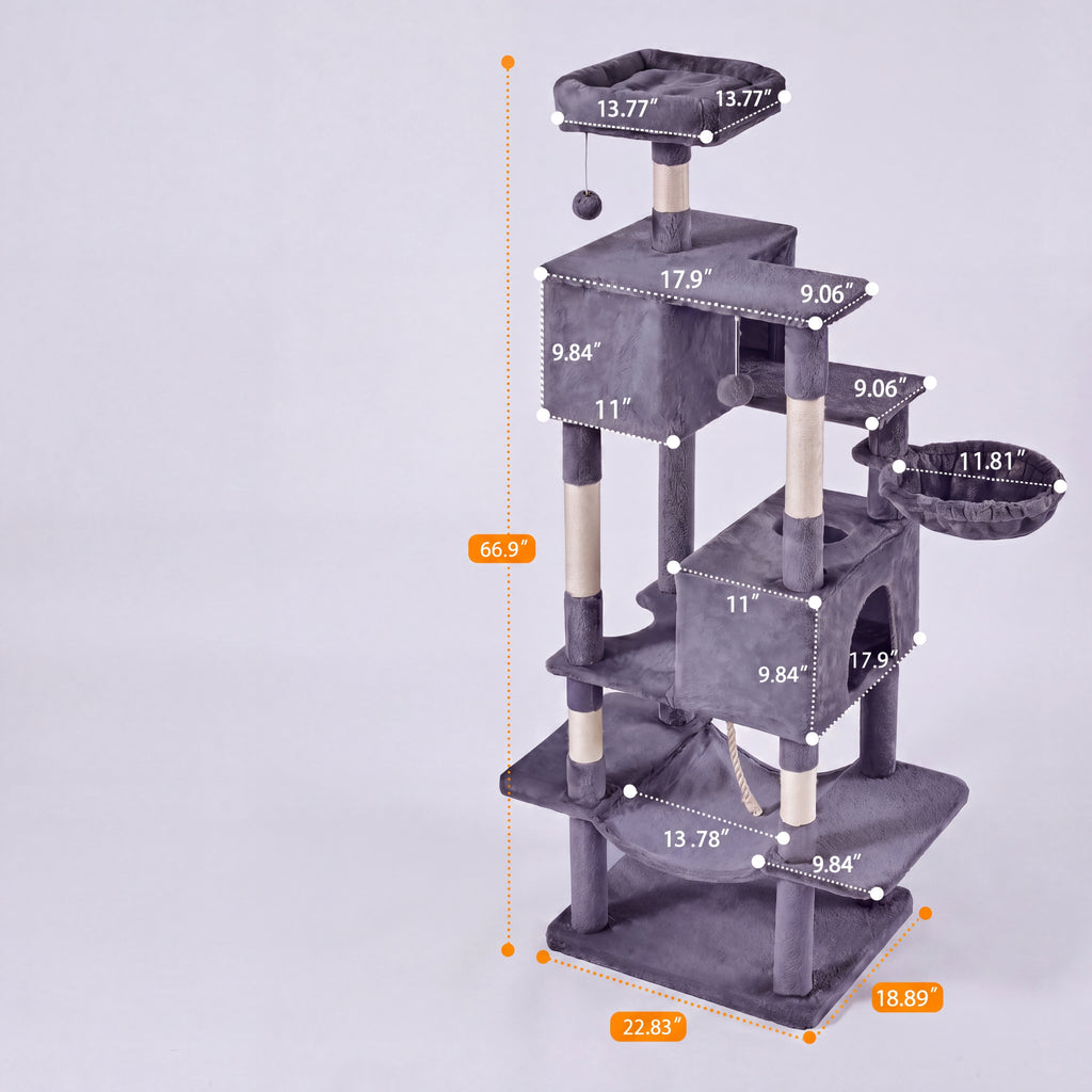 Gray cat tree with measurements on a light gray background