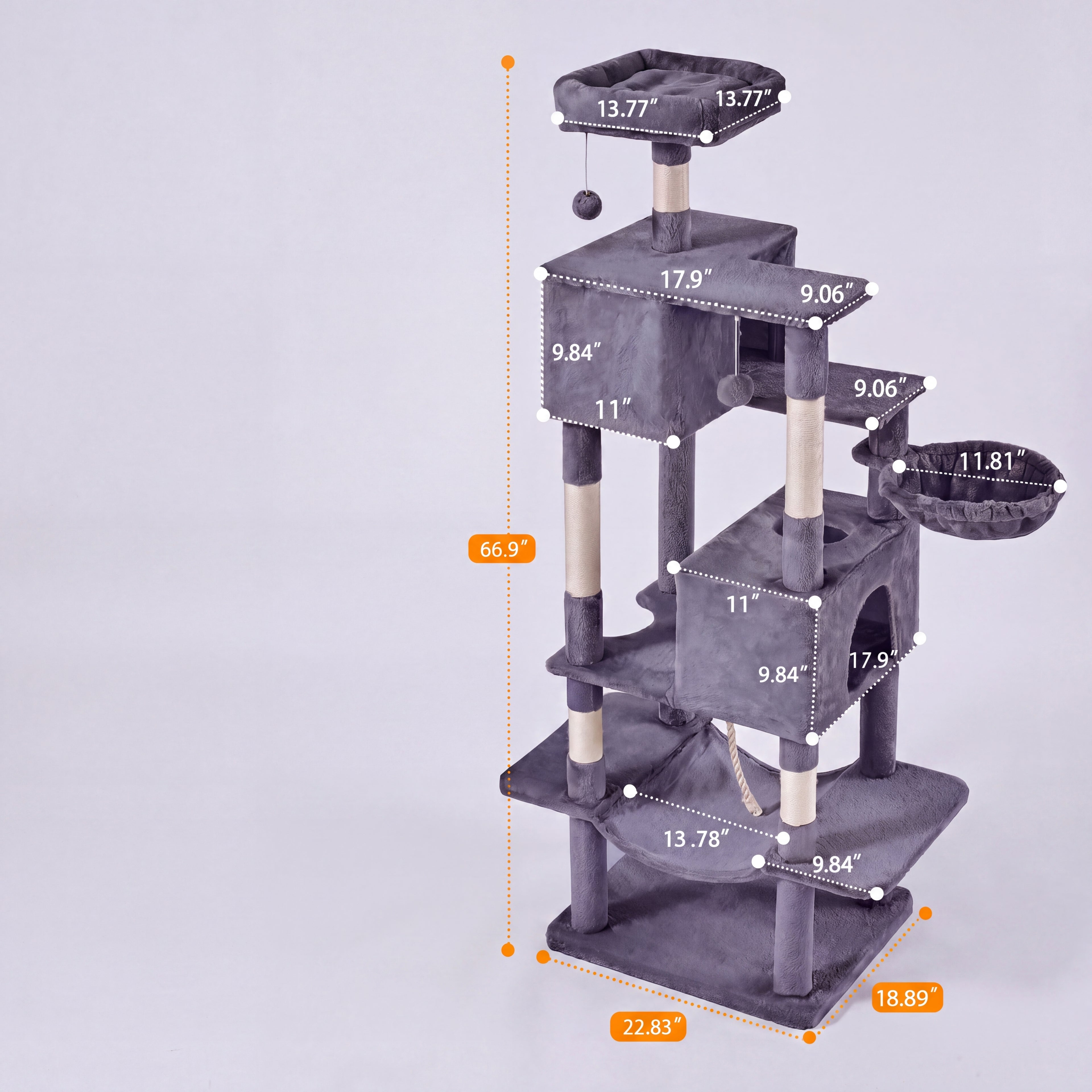 Gray cat tree with measurements on a light gray background