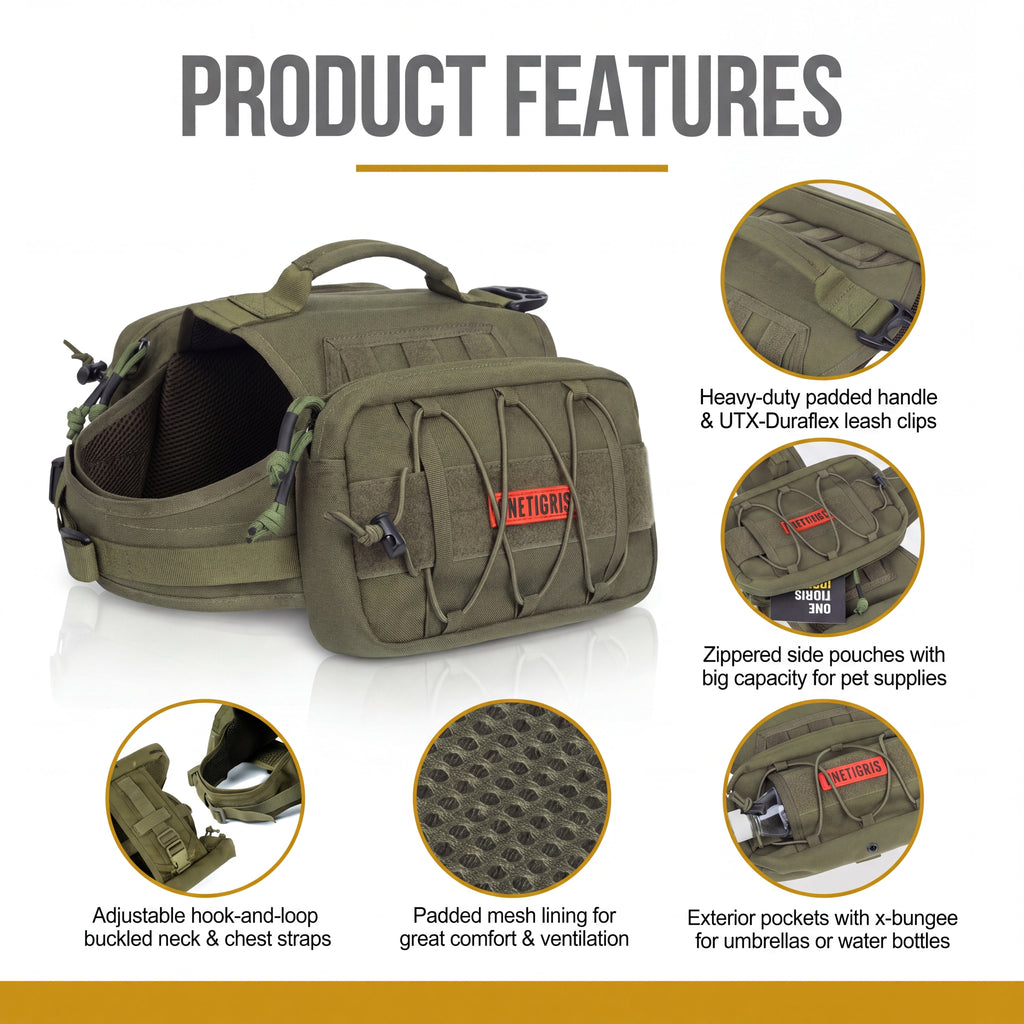 Green tactical dog vest with features highlighted on a white background