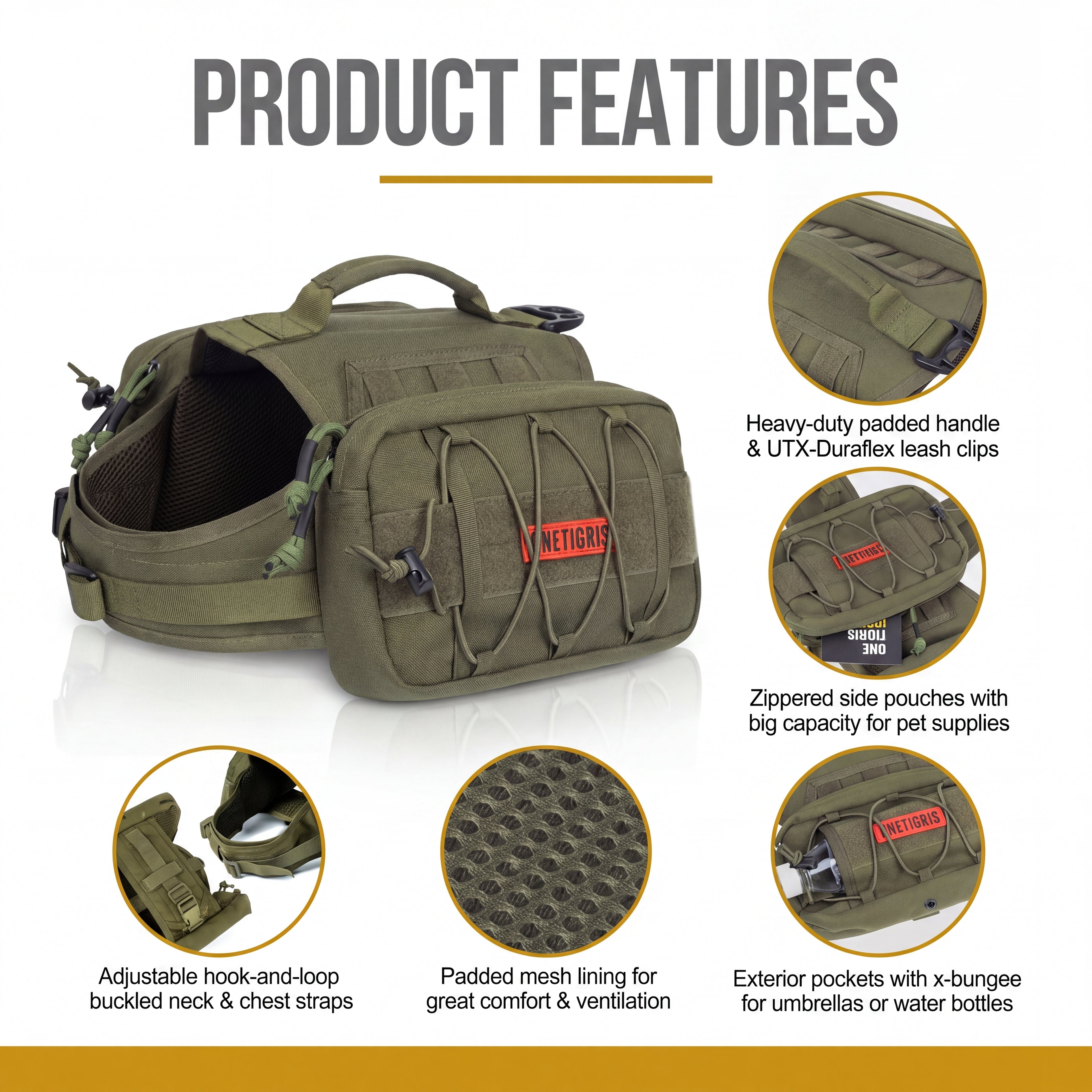 Green tactical dog vest with features highlighted on a white background