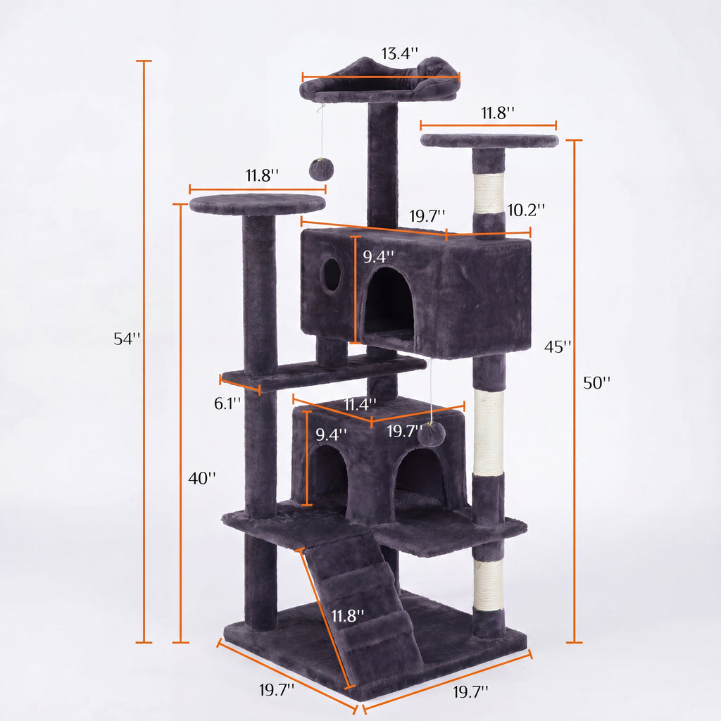 Gray cat tree with dimensions labeled on a white background