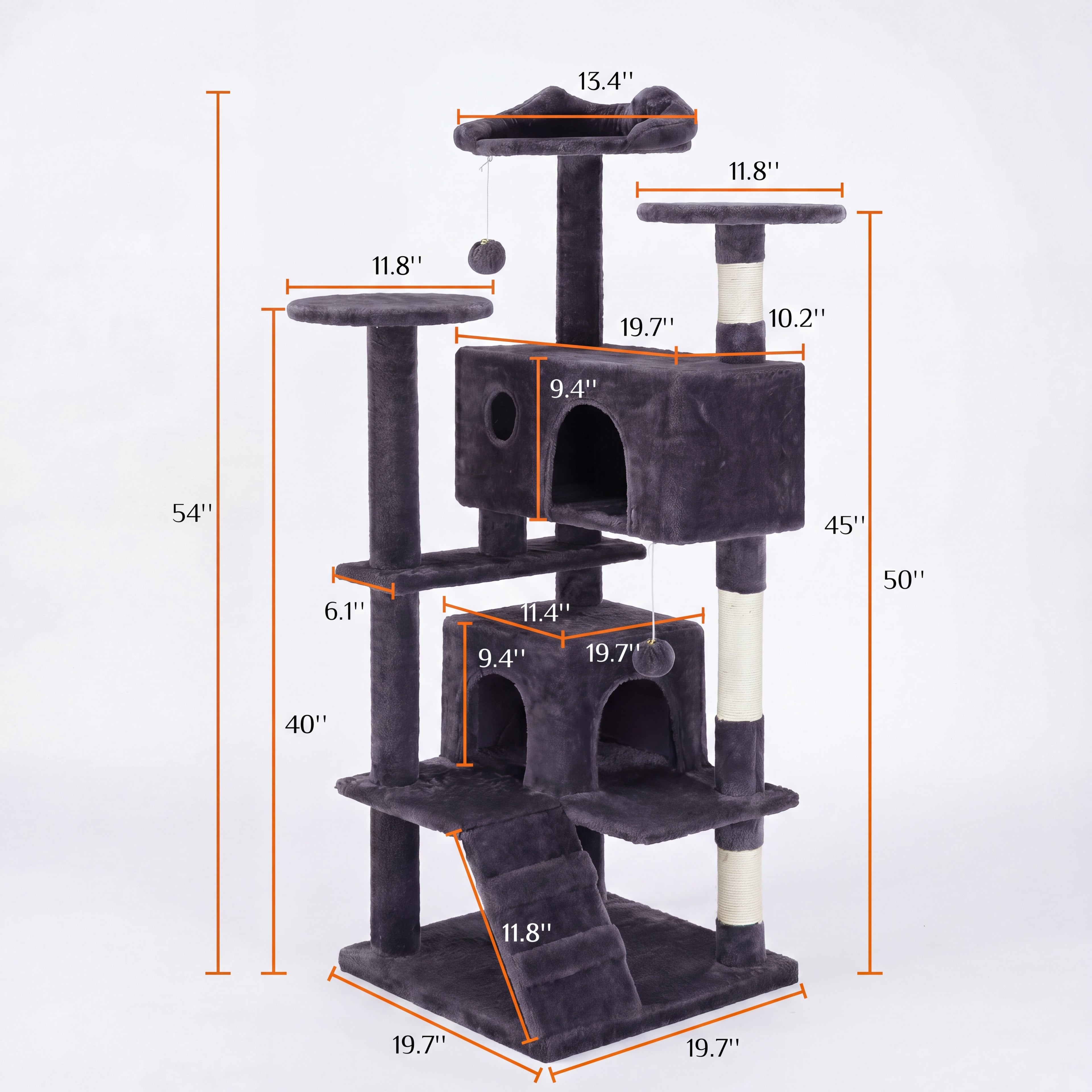 Gray cat tree with dimensions labeled on a white background